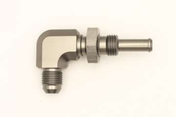 Picture of DeatschWerks 6AN Male Flare To 5-16in- Male Barb Bulkhead Adapter 90-Degree Incl- Nut