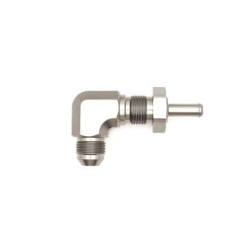 Picture of DeatschWerks 8AN Male Flare To 5-16in- Male Barb Bulkhead Adapter 90-Degree Incl- Nut