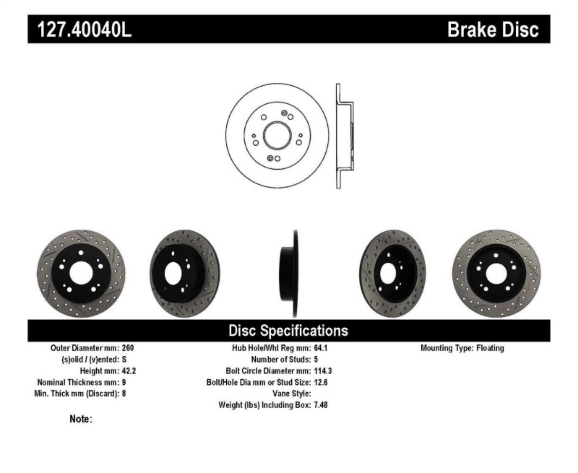 Picture of StopTech 06-09 Honda Civic Ex-Si Slotted & Drilled Left Rear Rotor