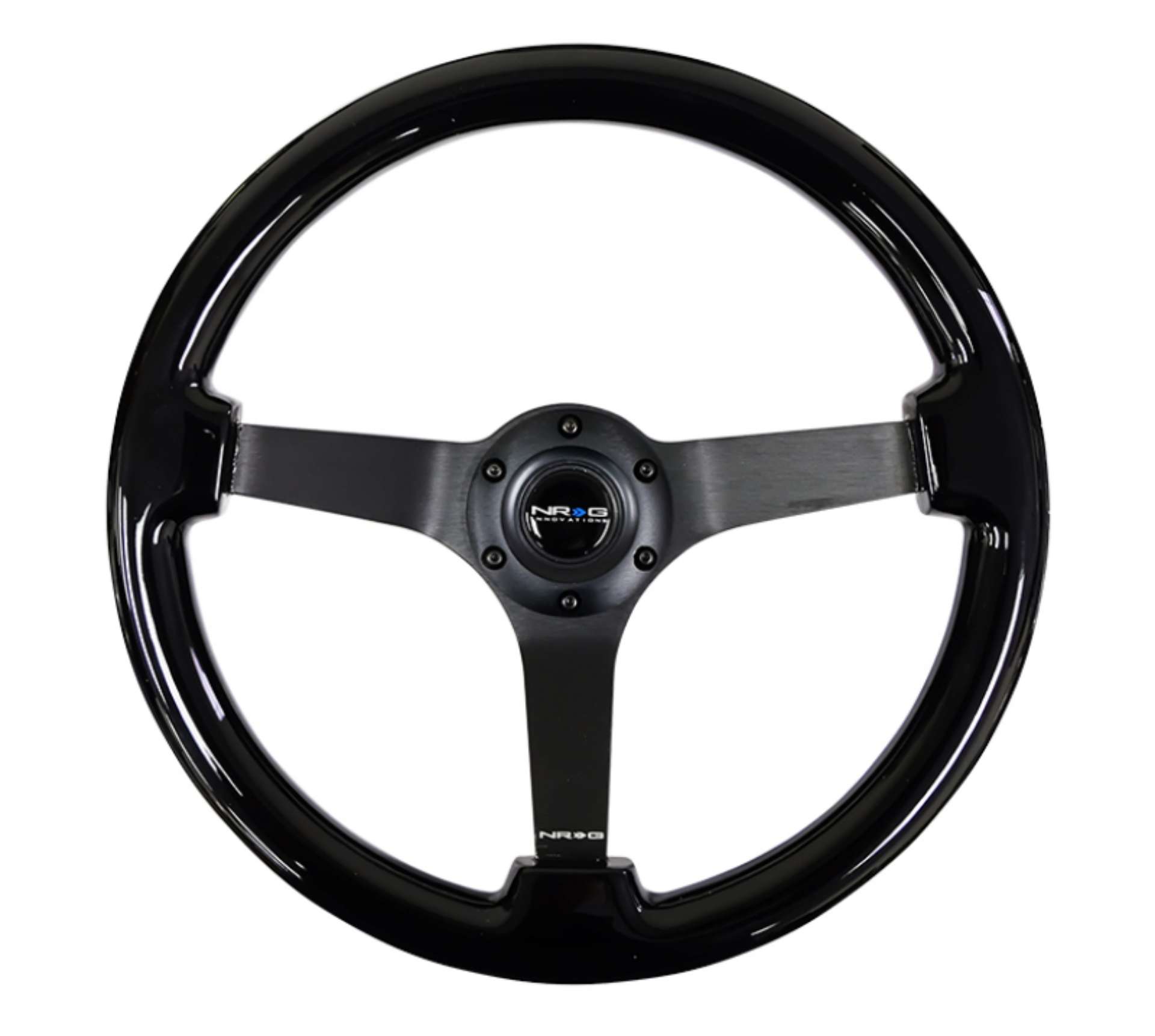 Picture of NRG Reinforced Steering Wheel 350mm - 3in- Deep Black w-Black Chrome Solid 3-Spoke Center