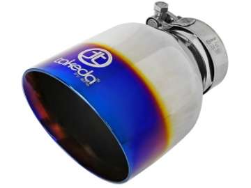 Picture of aFe Takeda 304 Stainless Steel Clamp-On Exhaust Tip 2-5in- Inlet - 4-5in- Outlet - Blue Flame