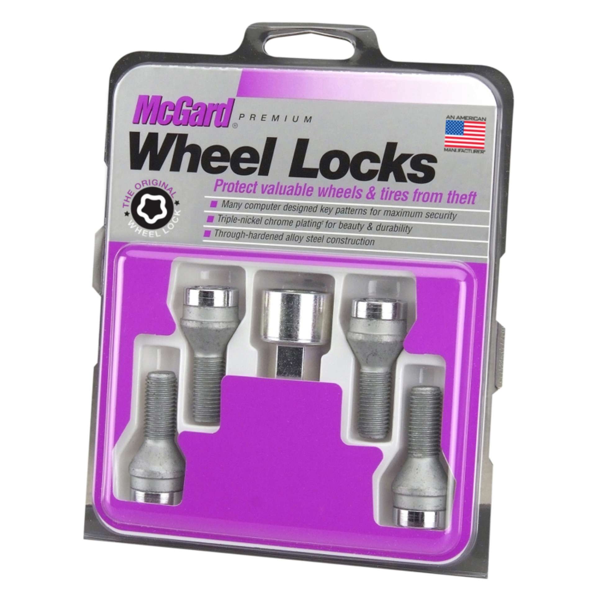 Picture of McGard Wheel Lock Bolt Set - 4pk- Cone Seat M14X1-5 - 19mm Hex - 31-0mm Shank Length - Chrome