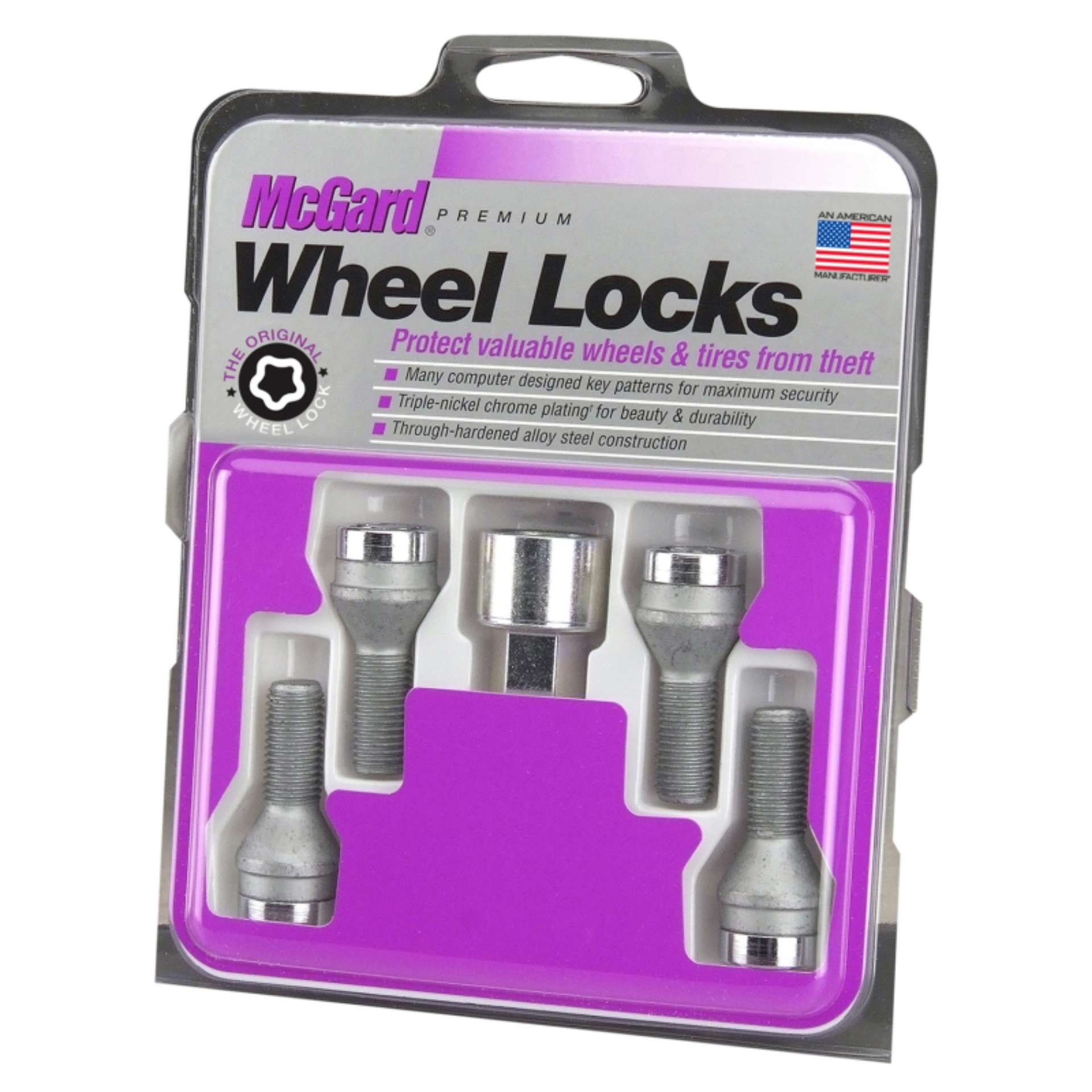 Picture of McGard Wheel Lock Bolt Set - 4pk- Cone Seat M14X1-5 - 17mm Hex - 27-5mm Shank Length - Chrome