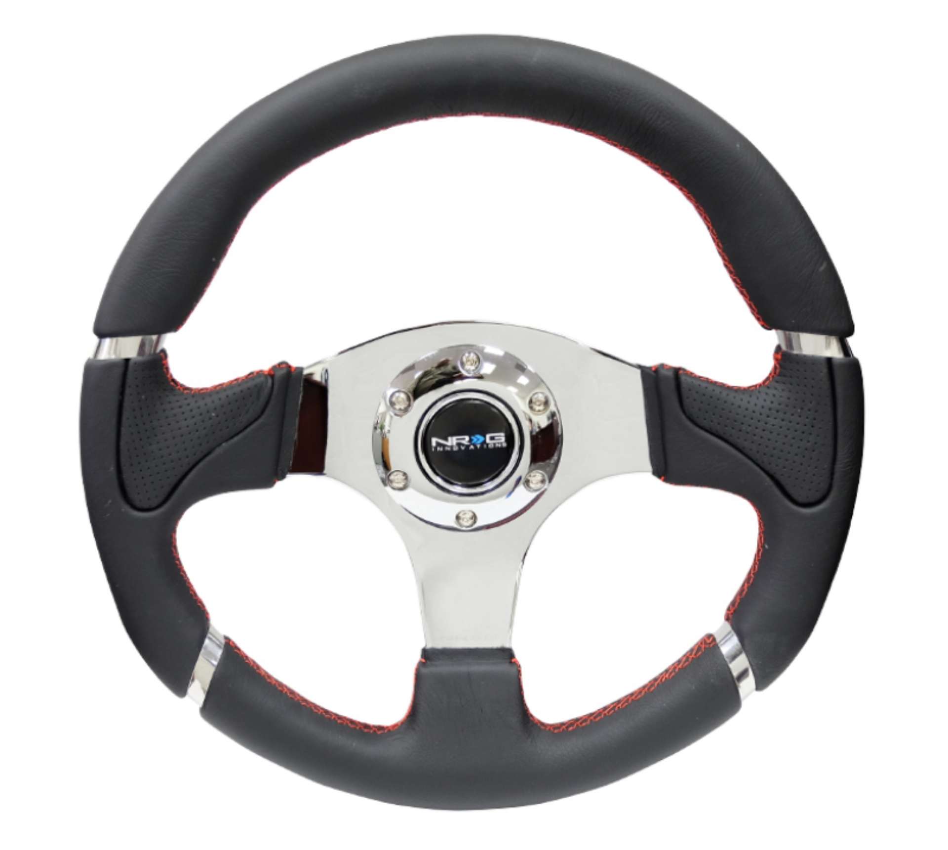 Picture of NRG Reinforced Steering Wheel 320mm Blk Leather-Red Stitching w-Chrome 3-Spoke Center