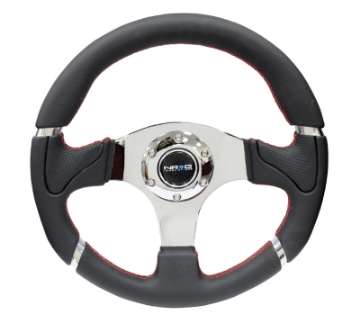 Picture of NRG Reinforced Steering Wheel 320mm Blk Leather-Red Stitching w-Chrome 3-Spoke Center