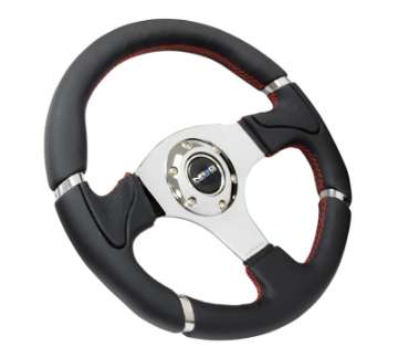 Picture of NRG Reinforced Steering Wheel 320mm Blk Leather-Red Stitching w-Chrome 3-Spoke Center