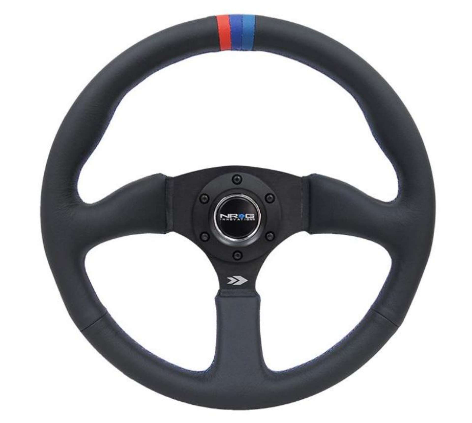 Picture of NRG Reinforced Steering Wheel 350mm - 2-5in Deep Blk Leather w-M3 stitch Matte Blk 3-Spoke Center