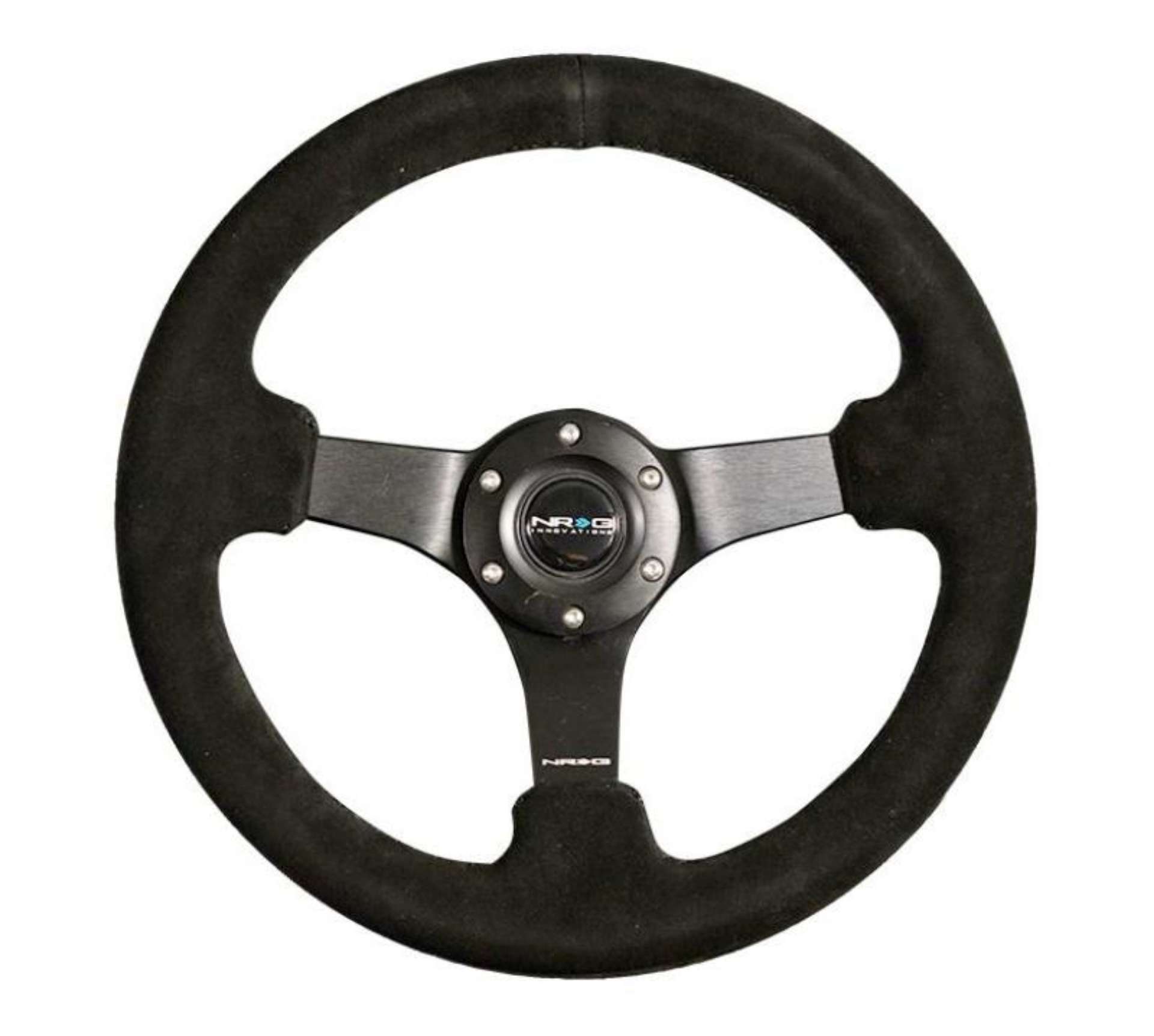 Picture of NRG Reinforced Steering Wheel 330mm - 3in Deep Blk Suede w-Criss Cross Stitch w-Blk 3-Spoke Center