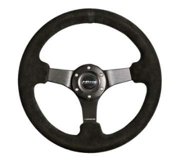 Picture of NRG Reinforced Steering Wheel 330mm - 3in Deep Blk Suede w-Criss Cross Stitch w-Blk 3-Spoke Center