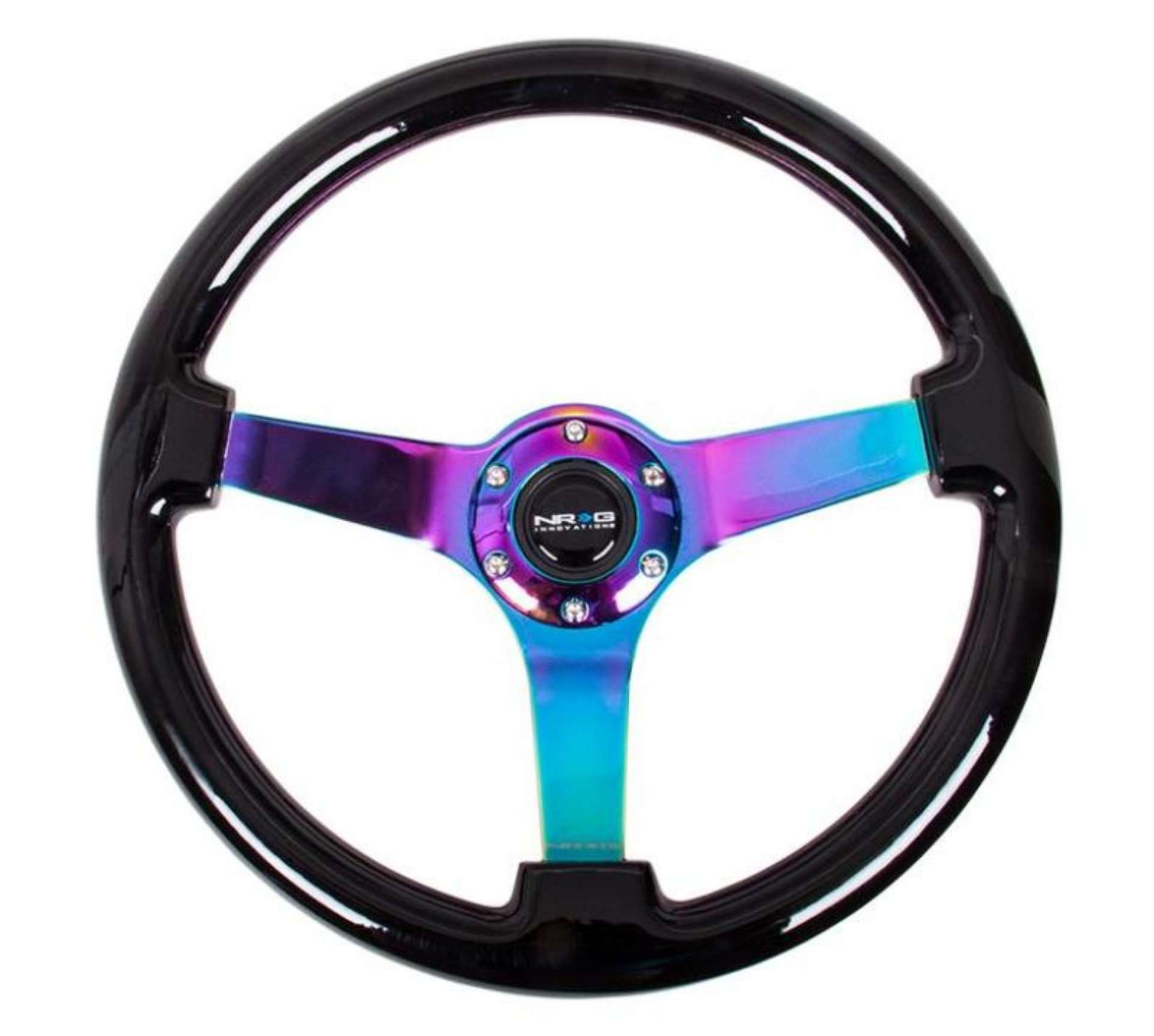 Picture of NRG Reinforced Steering Wheel 350mm - 3in Deep Classic Blk Wood Grain w-Neochrome 3-Spoke Center