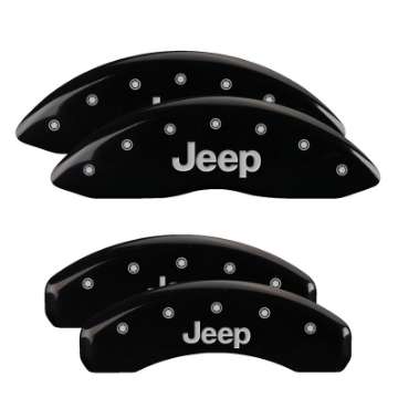 Picture of MGP 4 Caliper Covers Engraved Front & Rear 11-18 Jeep Grand Cherokee Black Finish Silver Jeep Logo