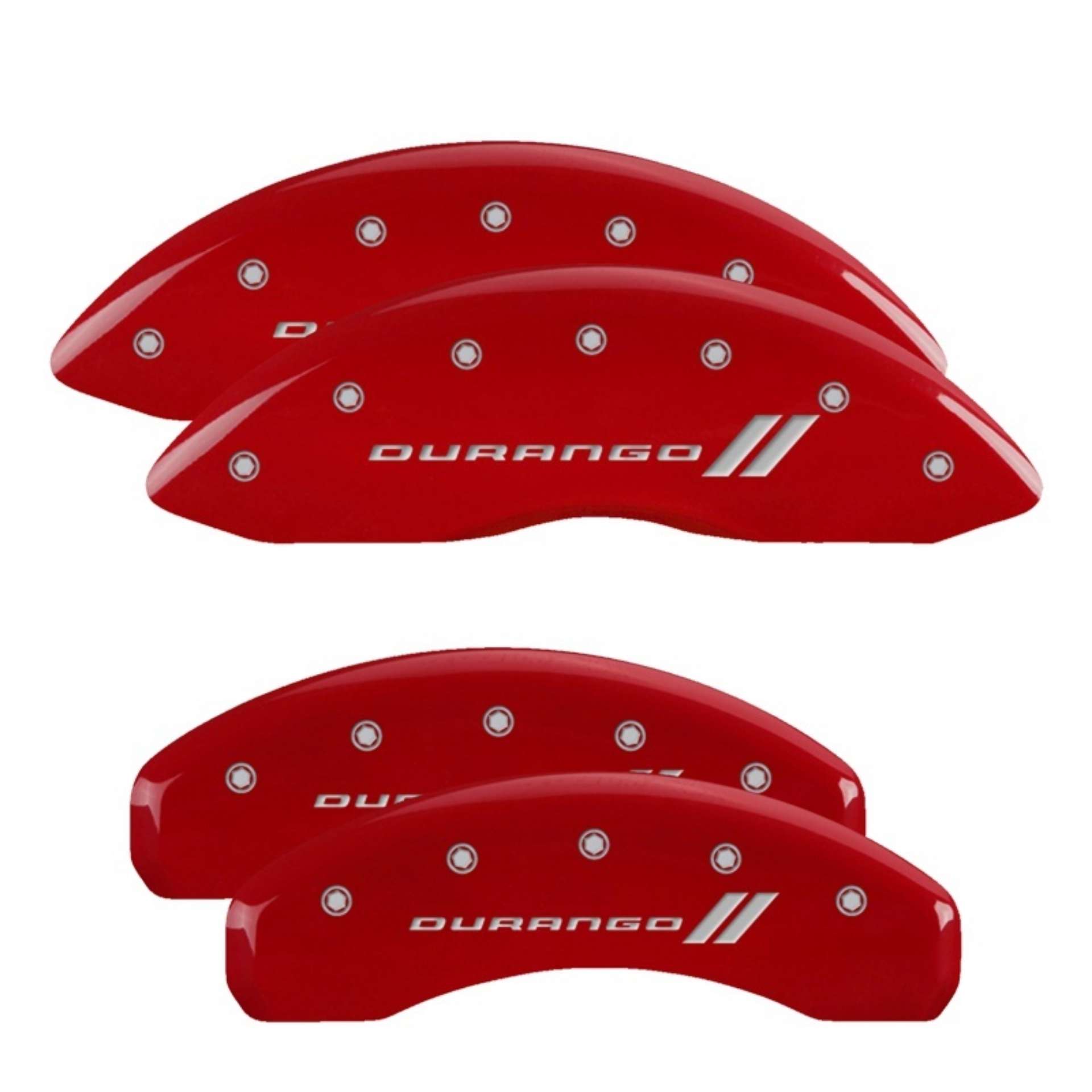 Picture of MGP 4 Caliper Covers Engraved Front & Rear 11-18 Dodge Durango Red Finish Silver Durango II Logo