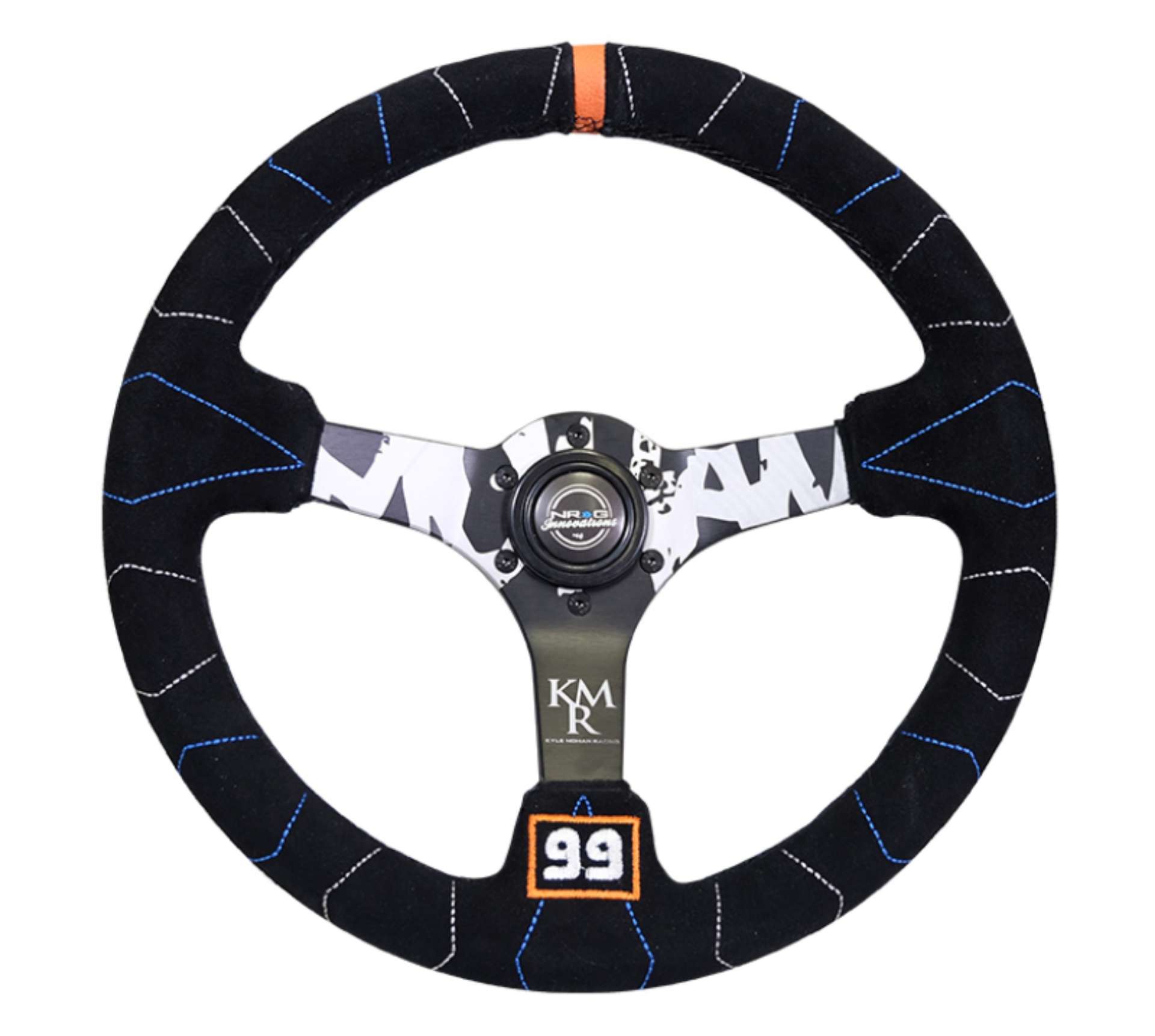 Picture of NRG Reinforced Steering Wheel 350mm - 3in- Deep Blk Suede w-Color Stitch Kyle Mohan Edition