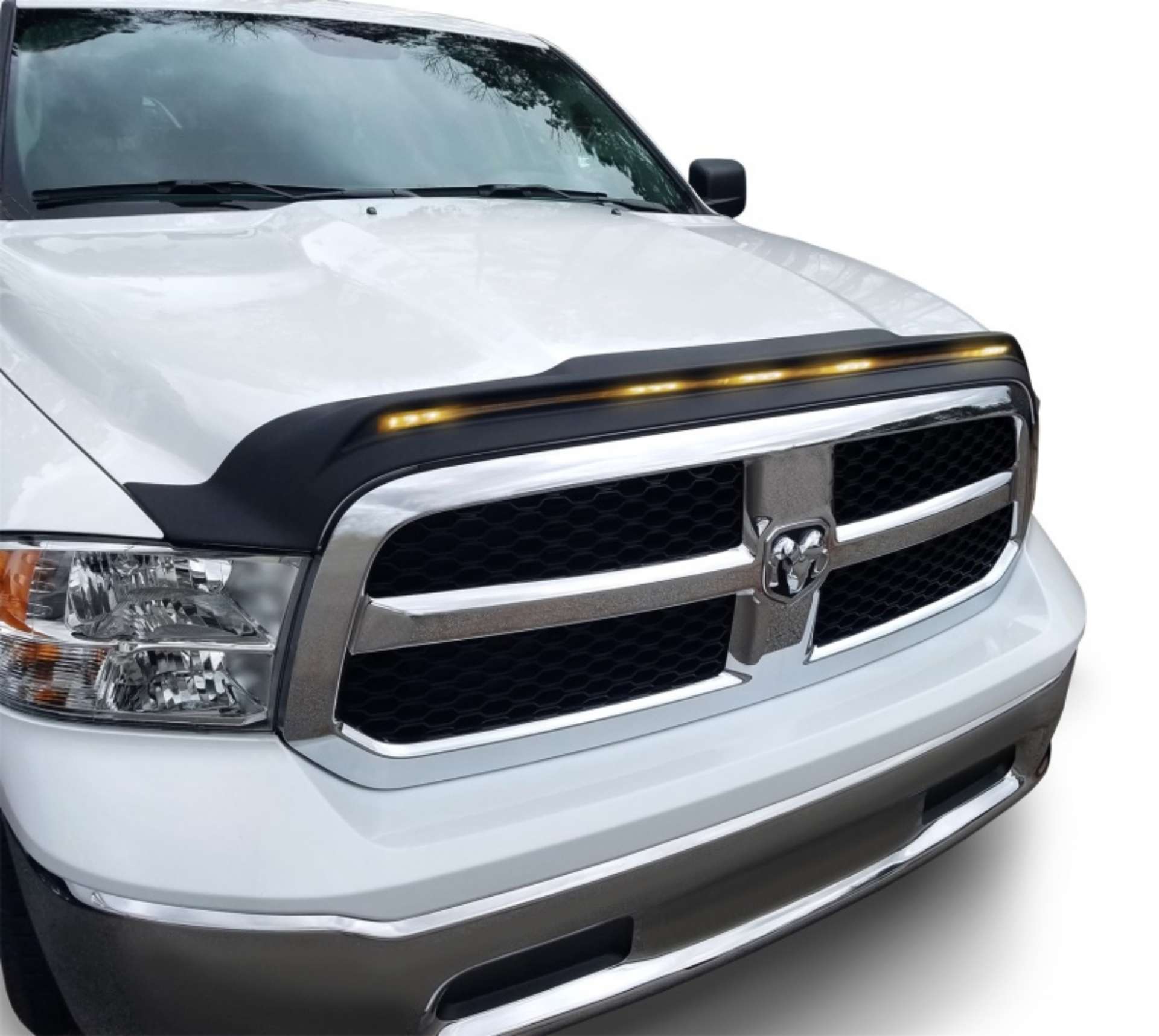 Picture of AVS 2009-2018 Dodge Ram 1500 Excl Sport - Rebel Aeroskin Low Profile Hood Shield w- Lights - Black