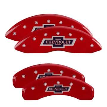 Picture of MGP 4 Caliper Covers Engraved F & R 100 Anniversary Red Finish Silver Char 2019 Chevrolet Tahoe