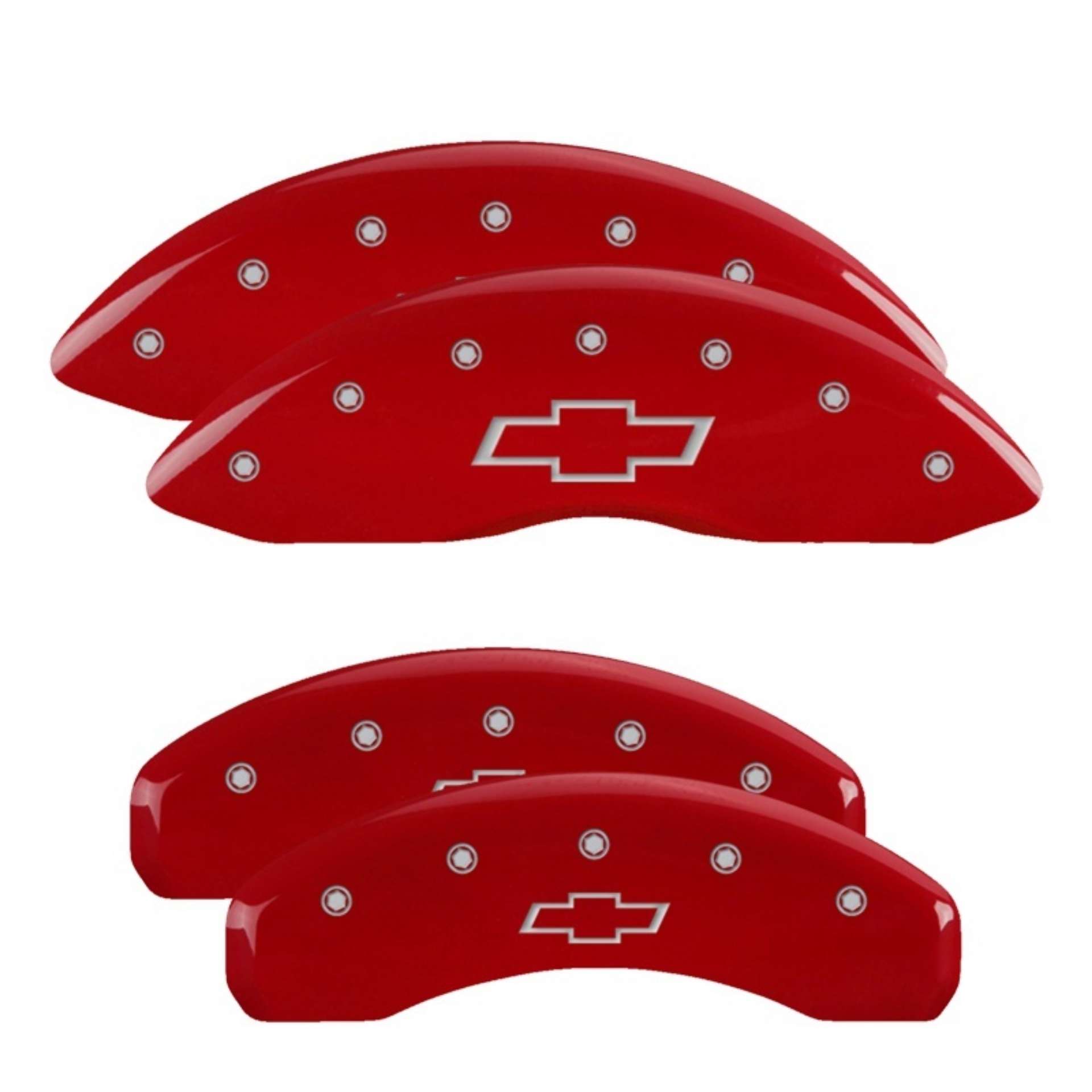 Picture of MGP 4 Caliper Covers Engraved F & R Bowtie Red Finish Silver Char 2019 Chevrolet Silverado 1500