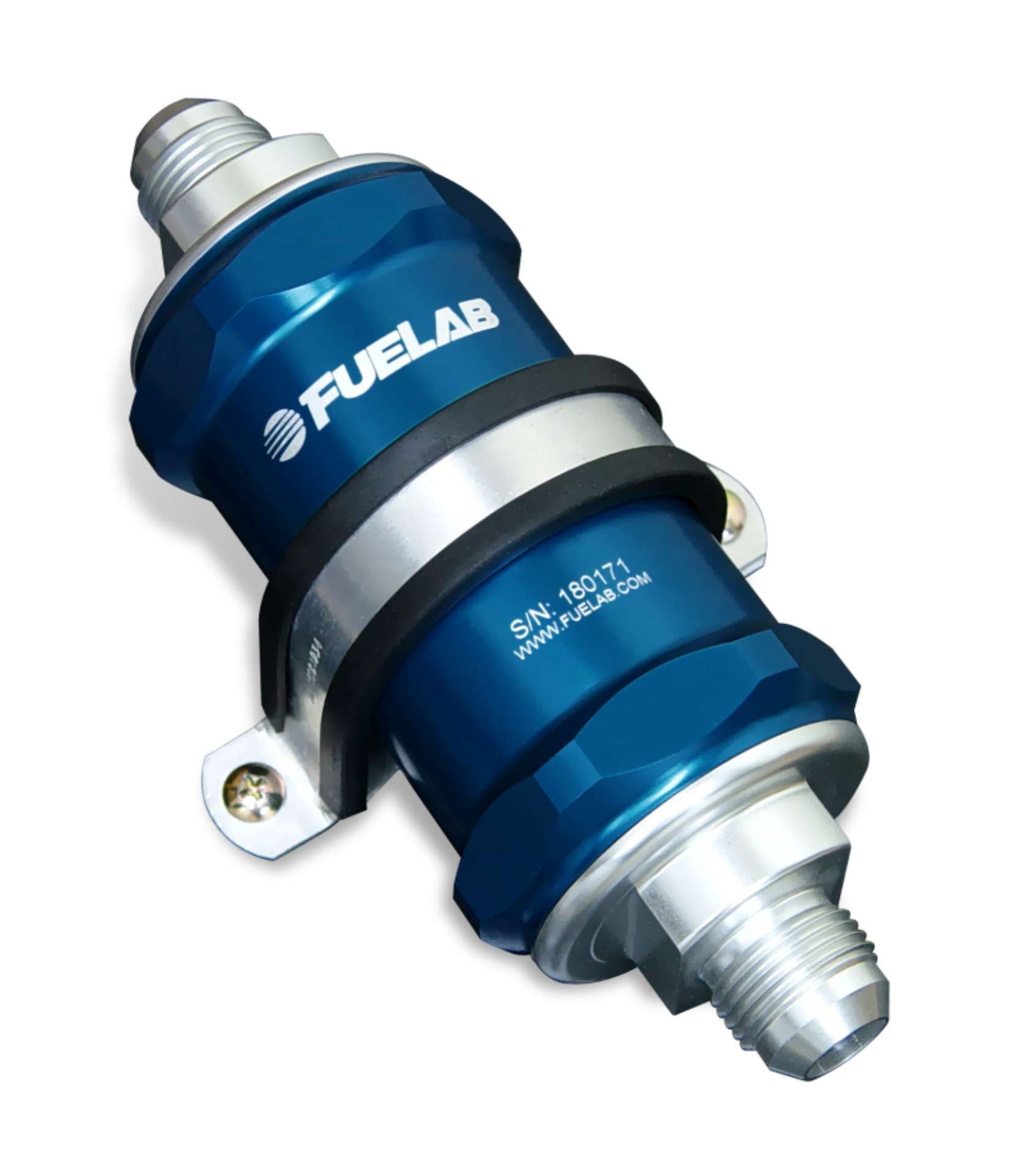 Picture of Fuelab 818 In-Line Fuel Filter Standard -6AN In-Out 40 Micron Stainless - Blue