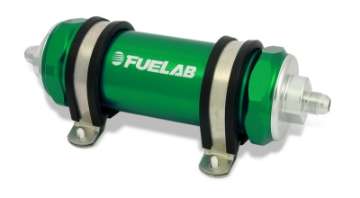 Picture of Fuelab 828 In-Line Fuel Filter Long -6AN In-Out 10 Micron Fabric - Green