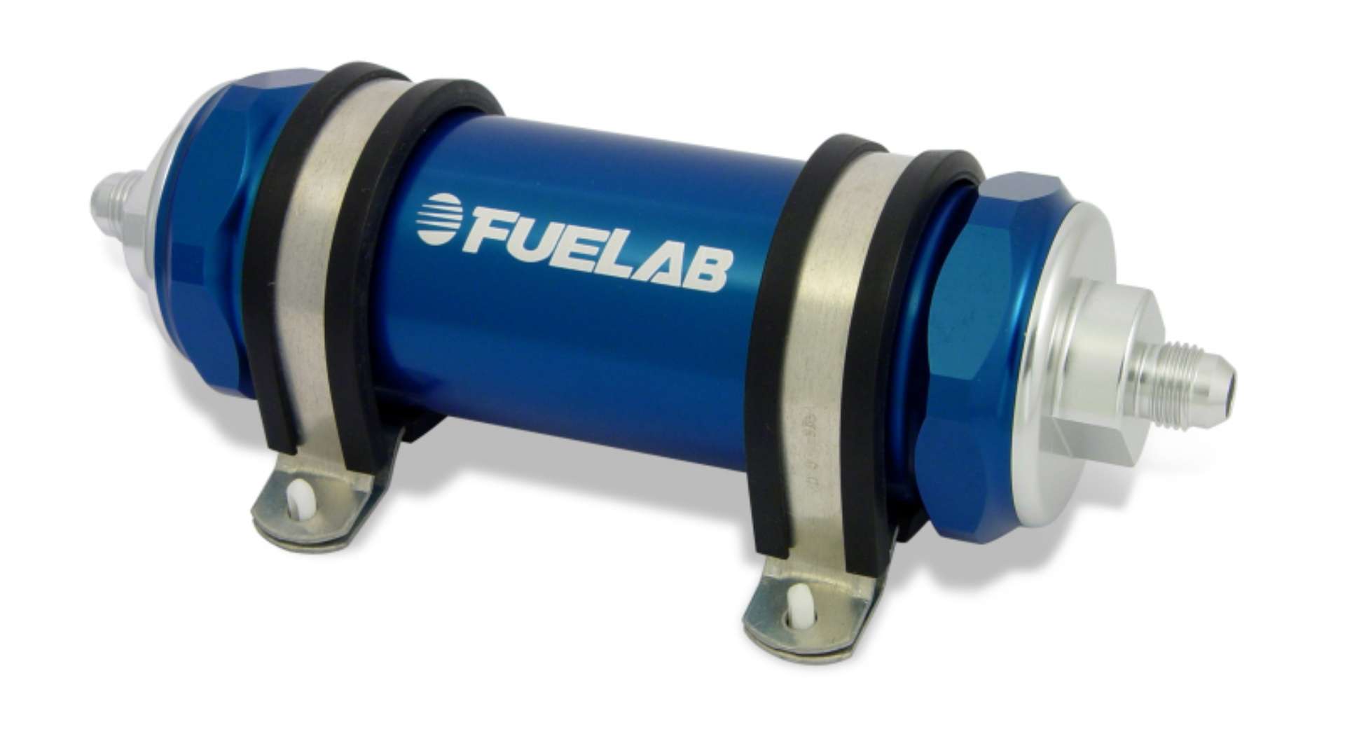 Picture of Fuelab 828 In-Line Fuel Filter Long -6AN In-Out 40 Micron Stainless - Blue