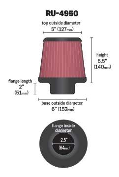 Picture of K&N Filter Universal Rubber Filter 2 1-2 inch Flange 6 inch Base 5 inch Top 5 1-2 inch Height