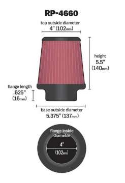 Picture of K&N Universal Air Filter - Round Tapered 4in Flange ID - 5-375in Base OD - 4in Top OD - 5-5in H