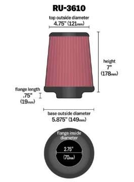 Picture of K&N Universal Rubber Filter 2-75in Flange ID x 5-875in Base OD x 4-75in Top OD x 7in Height