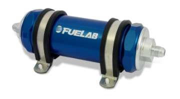 Picture of Fuelab 828 In-Line Fuel Filter Long -8AN In-Out 100 Micron Stainless - Blue