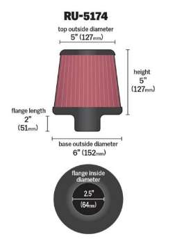 Picture of K&N Universal Rubber Filter-Round Tapered 2-5in Flange ID x 6in Base OD x 5in Top OD x 5in Height