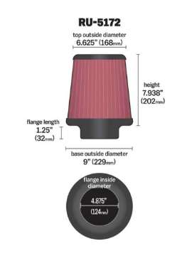 Picture of K&N Universal Rubber Filter-Round Tprd 4-875in Flange ID x 9in Base OD x 6-625in Top OD x 7-938in H