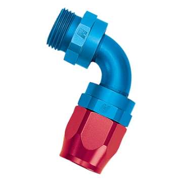 Picture of Russell Performance -10 AN Red-Blue 90 Degree Swivel Dry Sump Hose End -10 Port 7-8in-14 Thread