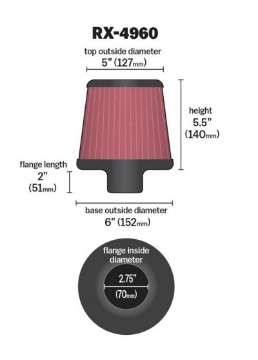 Picture of K&N Filter Universal X Stream Clamp-On 2-75in Flange ID - 6in Base OD - 5in Top OD - 5-5in Height