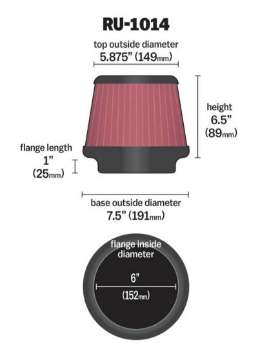 Picture of K&N Universal Tapered Filter 6in Flange ID x 7-5in Base OD x 5-875in Top OD x 6-5in Height