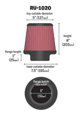 Picture of K&N Universal Tapered Filter 6in Flange ID x 7-5in Base OD x 5in Top OD x 8in Height