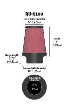 Picture of K&N Universal Clamp-On Air Filter 3-1-8in FLG - 6in B - 5in T - 7in H