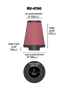 Picture of K&N Universal Tapered Filter 3in Flange ID x 6in Base OD x 4in Top OD x 6-75in Height