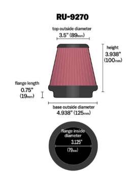 Picture of K&N Universal Tapered Filter 3-1-8in Flange IDx4-15-16in Base OD x 3-1-2in Top OD x 3-15-16in Height