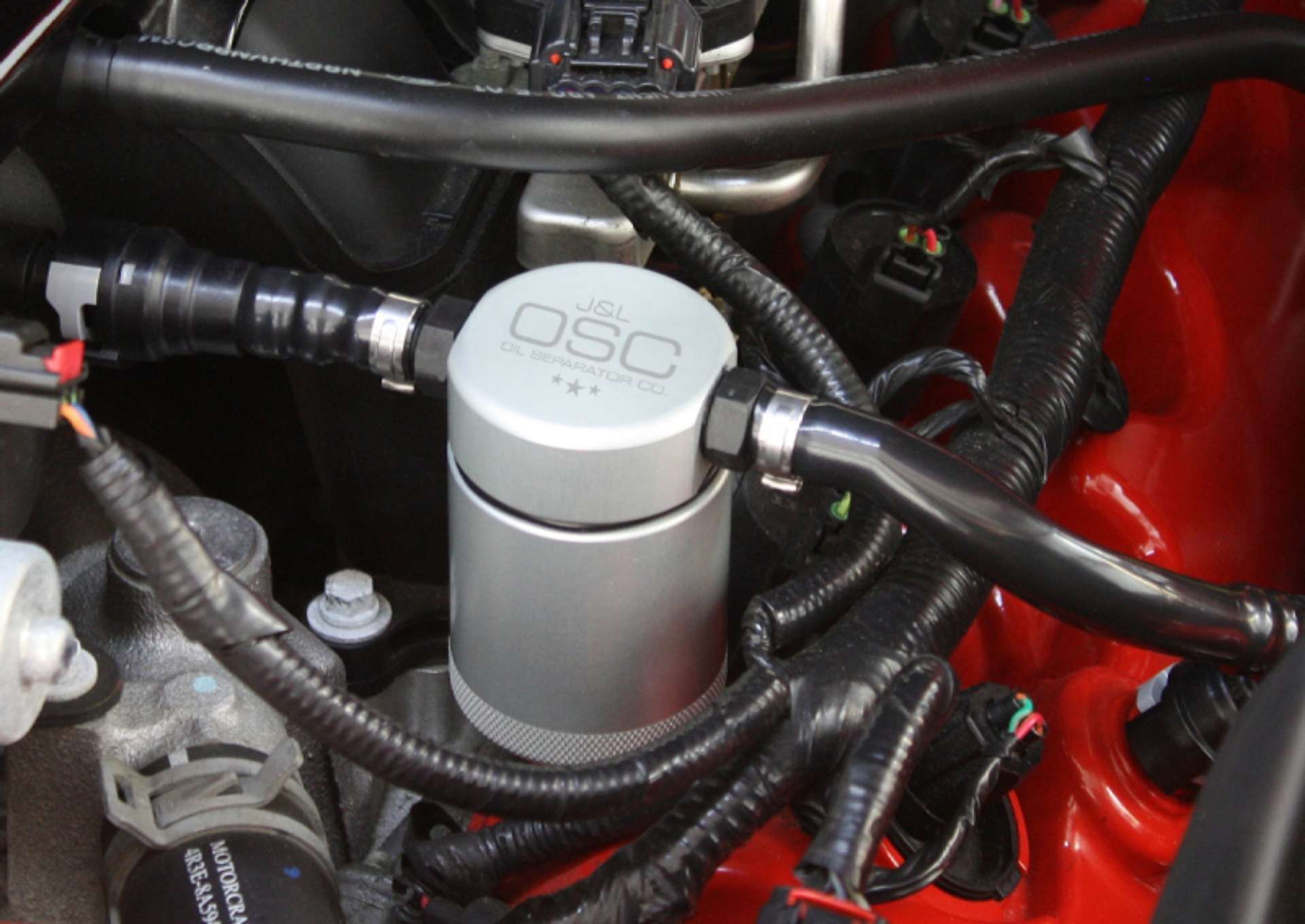 Picture of J&L 05-10 Ford Mustang GT-Bullitt-Saleen Driver Side Oil Separator 3-0 - Clear Anodized