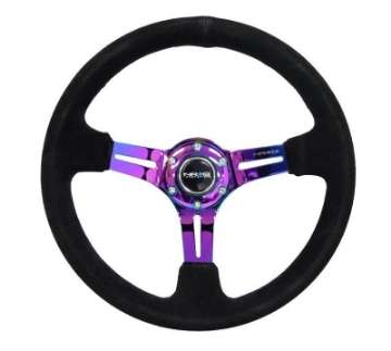 Picture of NRG Reinforced Steering Wheel 350mm - 3in- Deep Blk Suede-Red Stitch w-Neochrome Slits