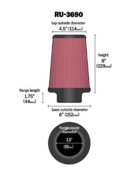 Picture of K&N Universal Clamp-On Air Filter 3-1-2in FLG - 6in B - 4-1-2in T - 9in H