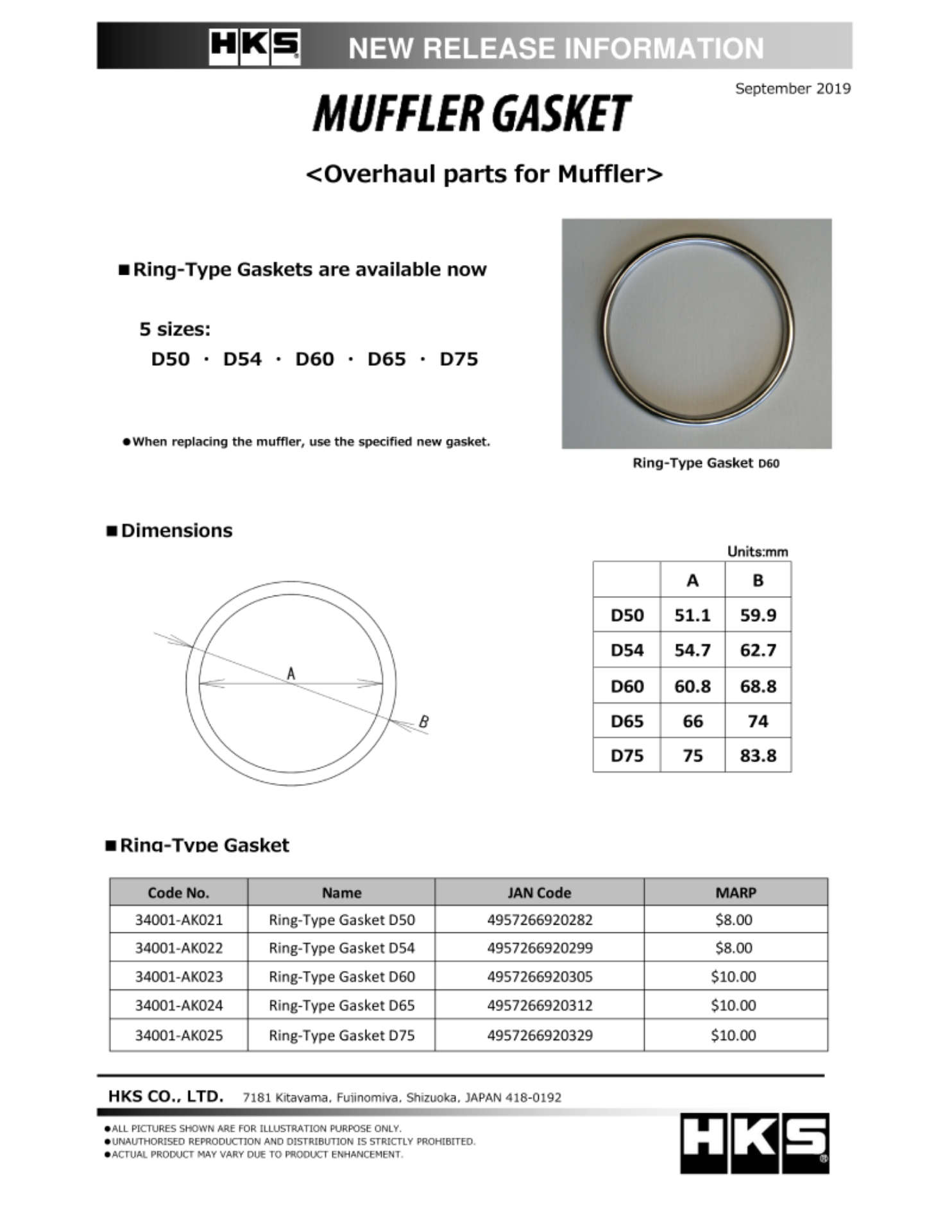 Picture of HKS Muffler Gasket 54-7mm ID 62-7mm OD