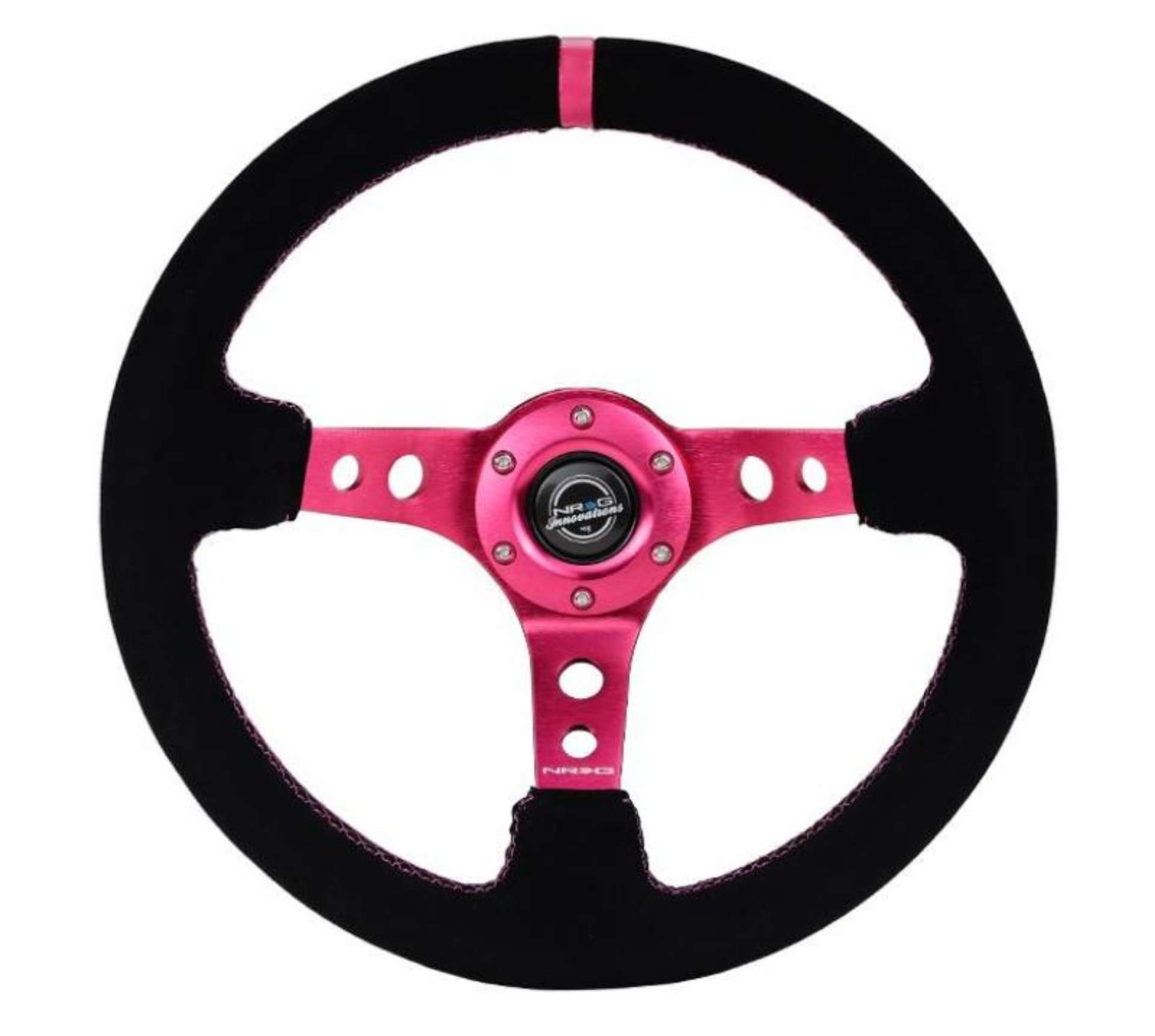 Picture of NRG Reinforced Steering Wheel 350mm- 3in- Deep Black Suede- Fushia Center Mark- Fushia Stitching