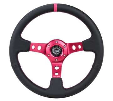 Picture of NRG Reinforced Steering Wheel 350mm-3in- Deep Black Leather- Fushia Center Mark- Fushia Stitching