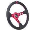 Picture of NRG Reinforced Steering Wheel 350mm-3in- Deep Black Leather- Fushia Center Mark- Fushia Stitching