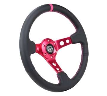 Picture of NRG Reinforced Steering Wheel 350mm-3in- Deep Black Leather- Fushia Center Mark- Fushia Stitching