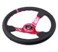 Picture of NRG Reinforced Steering Wheel 350mm-3in- Deep Black Leather- Fushia Center Mark- Fushia Stitching