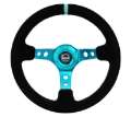 Picture of NRG Reinforced Steering Wheel 350mm- 3in- Deep Black Suede- Teal Center Mark- Teal Stitching