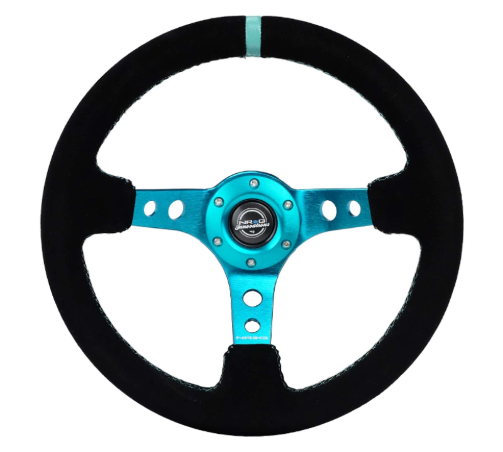 Picture of NRG Reinforced Steering Wheel 350mm- 3in- Deep Black Suede- Teal Center Mark- Teal Stitching