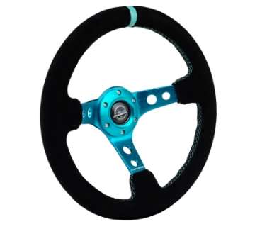 Picture of NRG Reinforced Steering Wheel 350mm- 3in- Deep Black Suede- Teal Center Mark- Teal Stitching