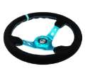 Picture of NRG Reinforced Steering Wheel 350mm- 3in- Deep Black Suede- Teal Center Mark- Teal Stitching