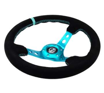 Picture of NRG Reinforced Steering Wheel 350mm- 3in- Deep Black Suede- Teal Center Mark- Teal Stitching